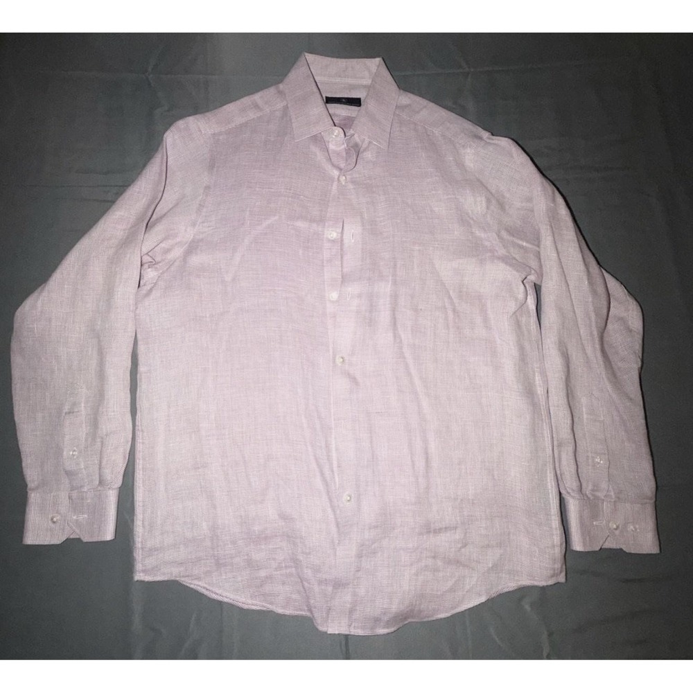 Hart‎ Schaffner Marx Shirt Mens L Pink Check Linen Blend Long Sleeve Button Up